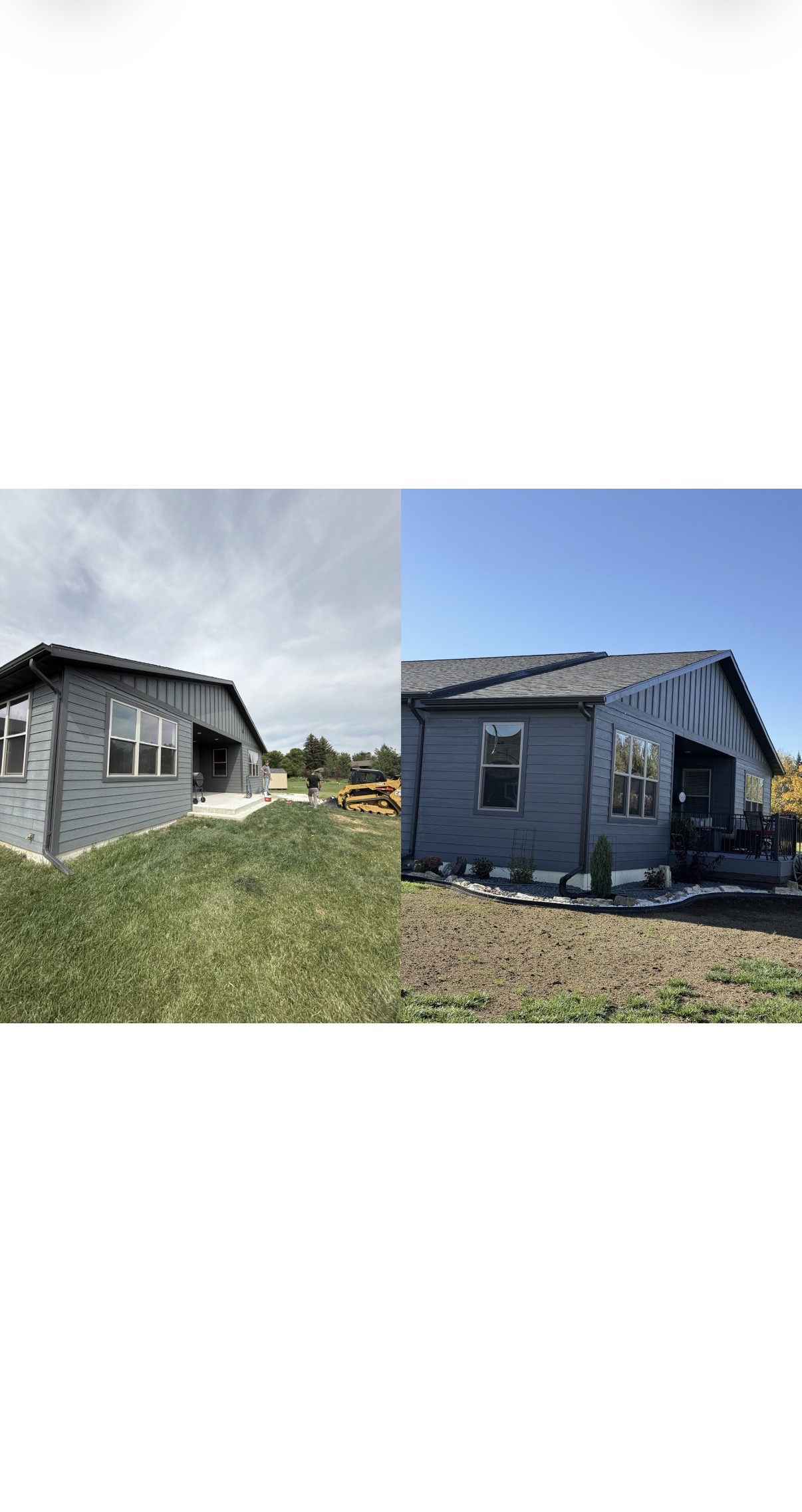 Before on the left and after on the right: A residential exterior and entry, from work in progress to the finished result.