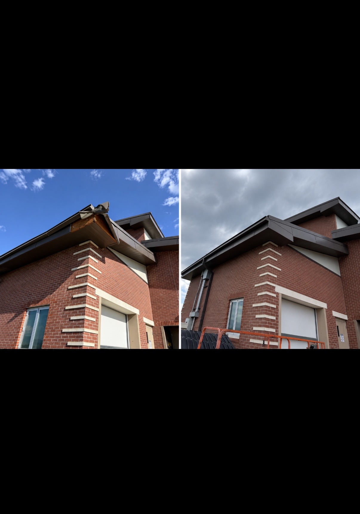 Before on the left and after on the right: Sheridan College fascia and trim, before and after repair.