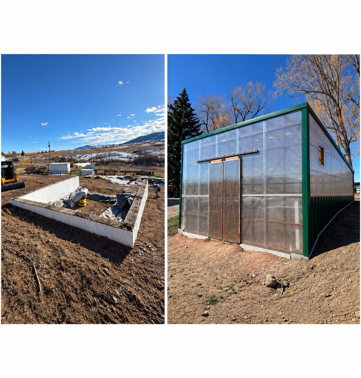 Before on the left and after on the right: From concrete foundation to a completed greenhouse.