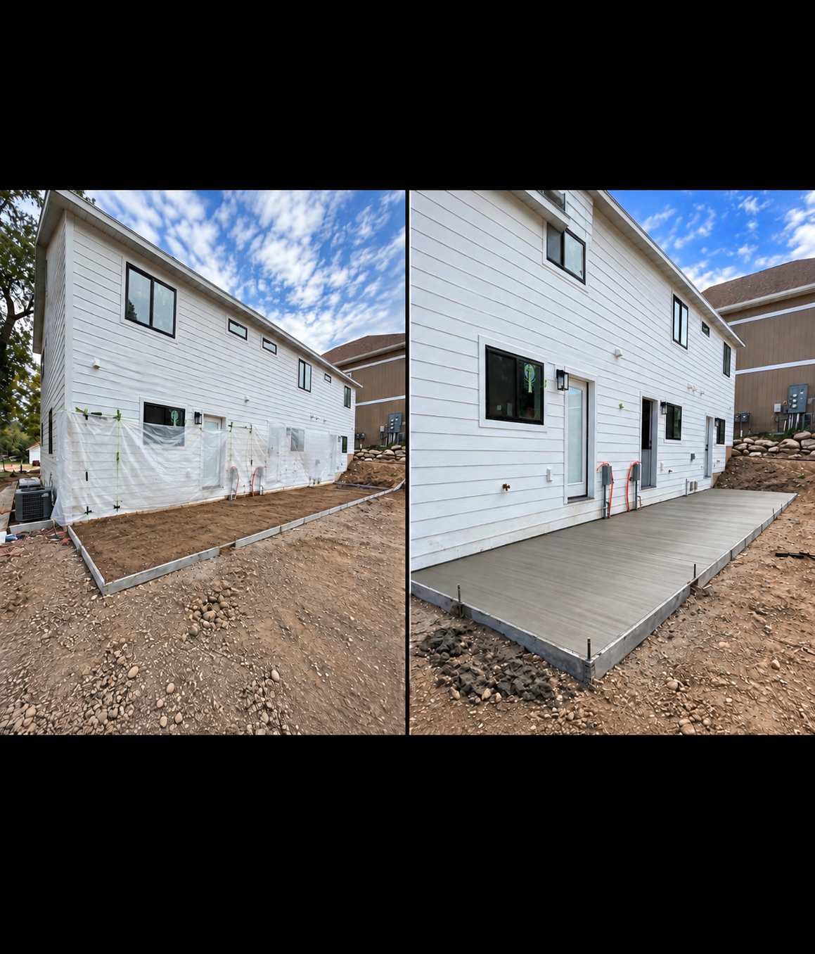Before on the left and after on the right: A concrete patio, from preparation and forms to the finished pour.